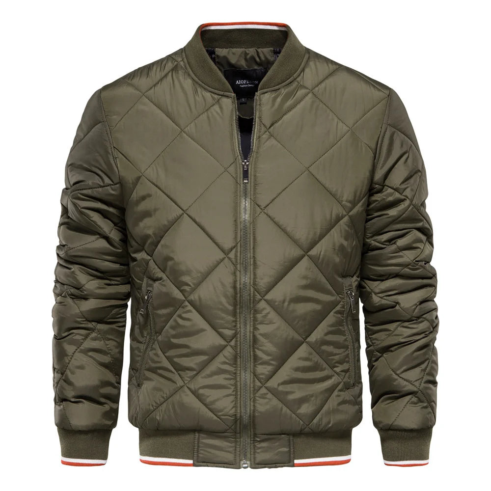 Stylish men's quilted bomber jacket. Versatile casual outerwear for a modern fall/winter look.