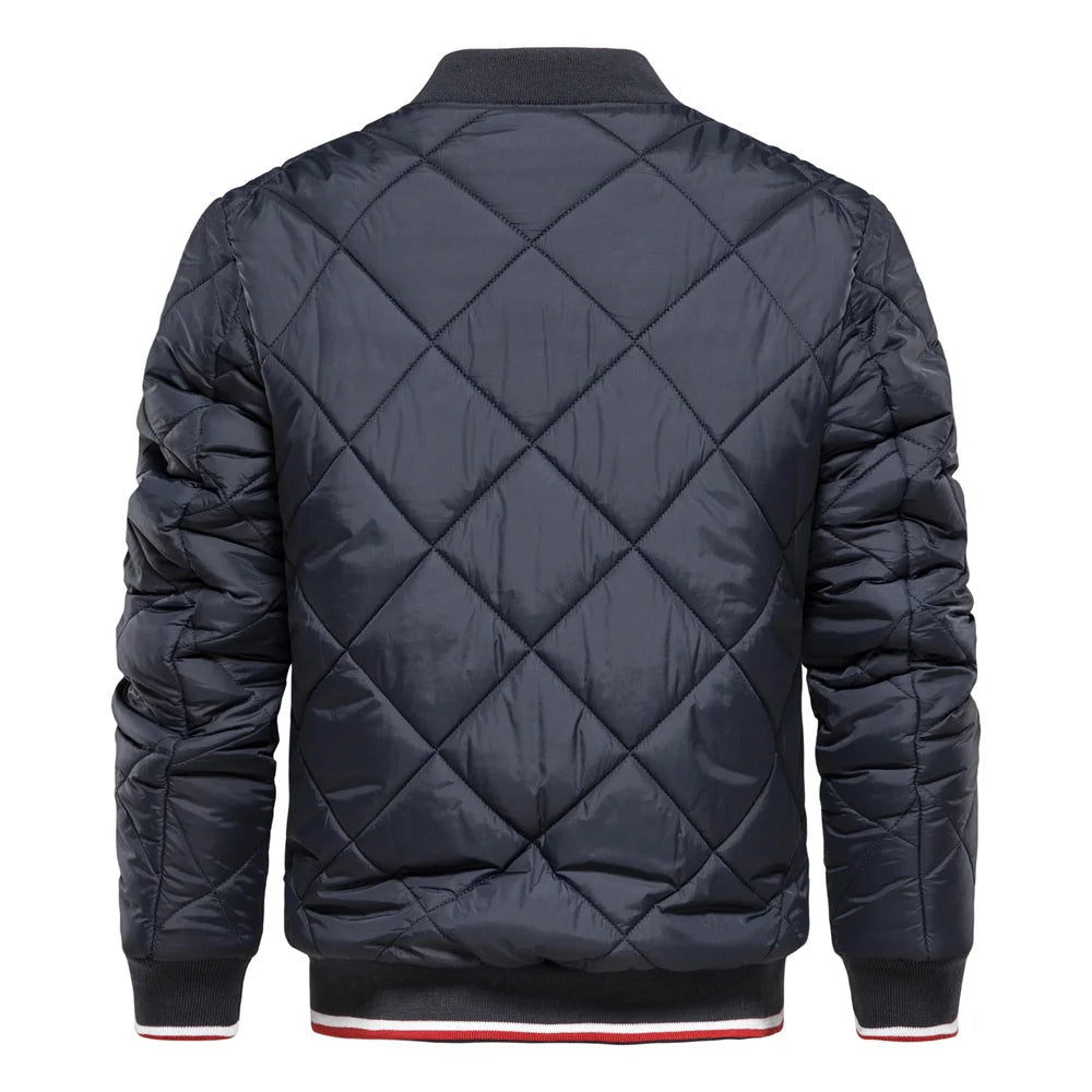Men's stylish diamond quilted bomber jacket. Warm, casual outerwear with zip front for fall & winter.