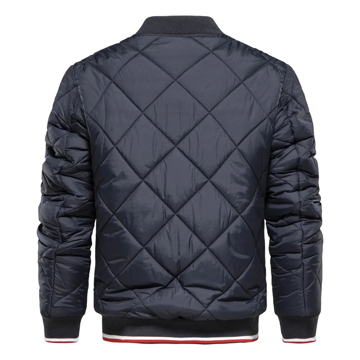 Men's stylish diamond quilted bomber jacket. Warm, casual outerwear with zip front for fall & winter.