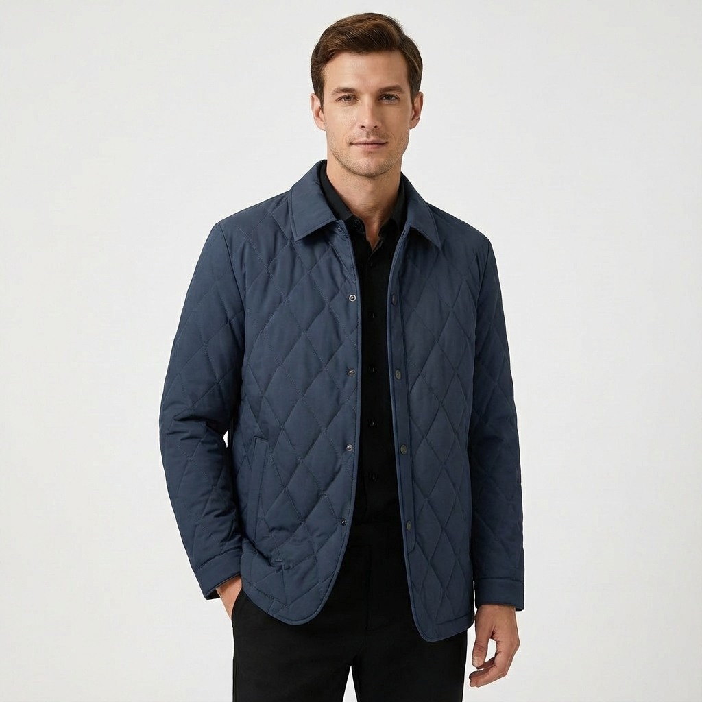 Men's diamond quilted jacket with classic shirt collar & utility pockets. Smart casual outerwear for everyday wear.