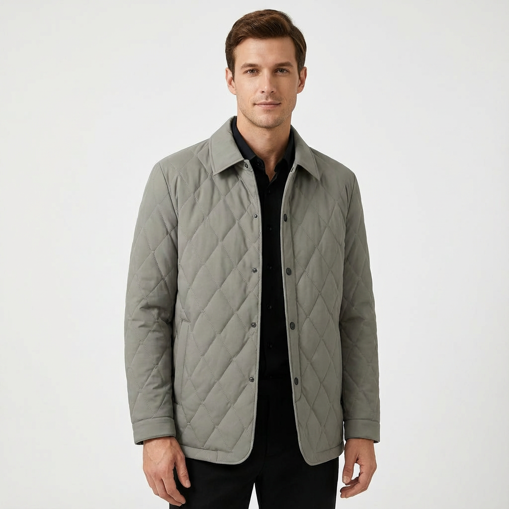 Close-up: Men's diamond stitch quilted jacket, highlighting texture & quality. Perfect versatile layering piece.