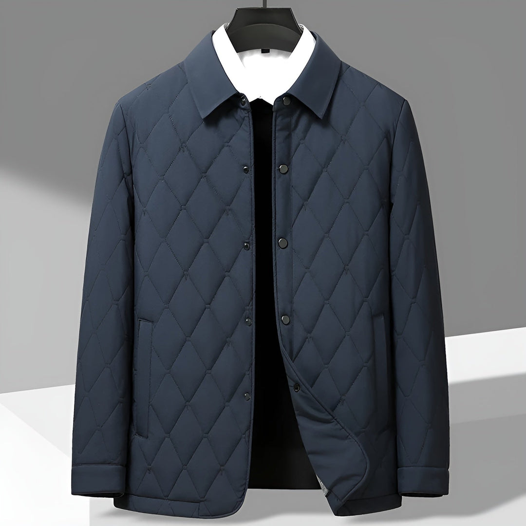 Fashionable men's smart casual jacket, diamond quilted with a structured shirt collar for a sophisticated look.