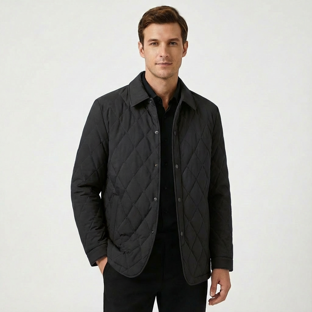 Men's outerwear jacket in a sophisticated diamond quilt pattern. Features a comfortable shirt collar & practical design.