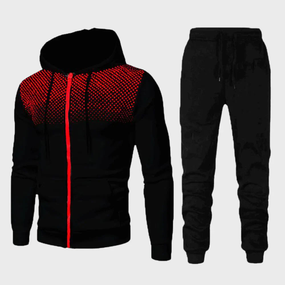 Stylish men's two-piece dotted chest hoodie tracksuit, perfect for loungewear and athletic use