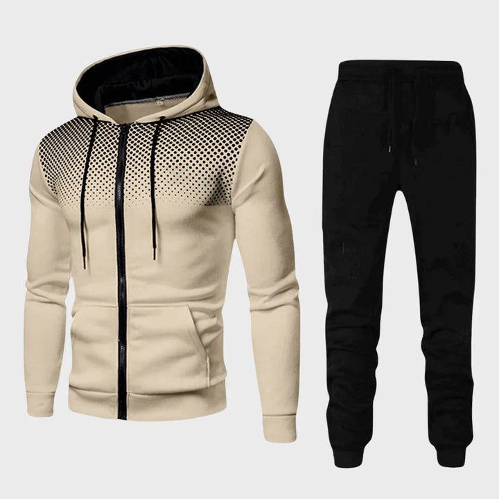 Close-up of men's dotted chest tracksuit hoodie, showcasing texture and modern design details