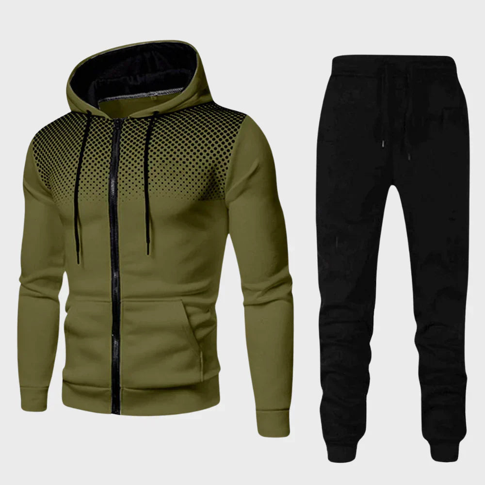 Full view of men's dotted chest hoodie tracksuit, offering comfort and contemporary style