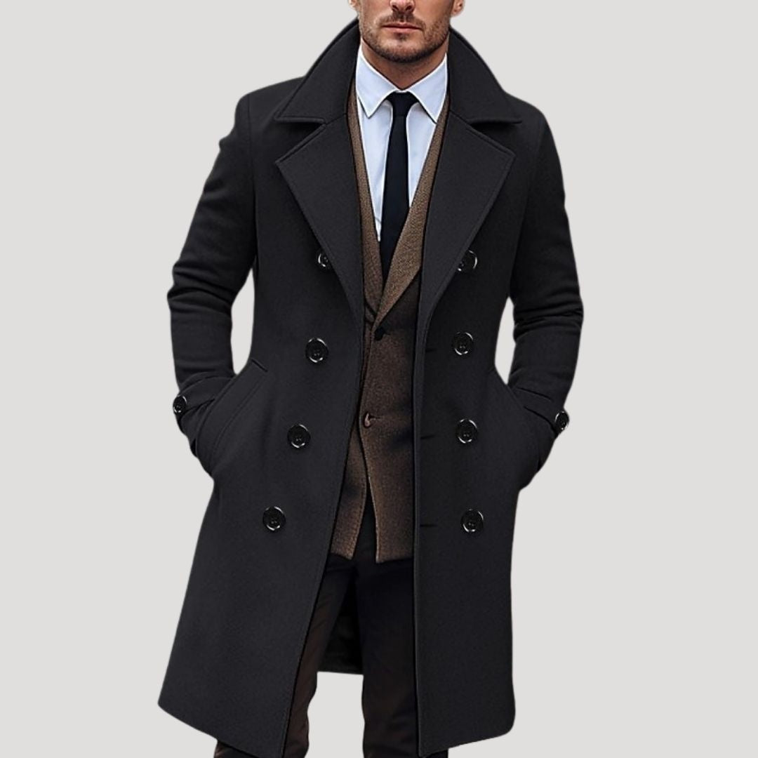 Men's double-breasted long trench coat in beige for spring, ideal formal outerwear.