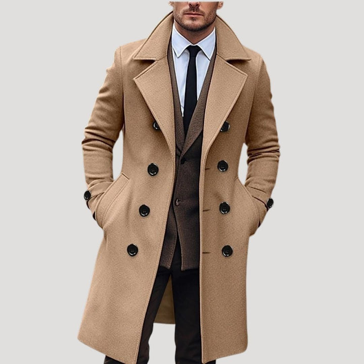 Lightweight men's long trench coat, double-breasted design, perfect casual spring outerwear.