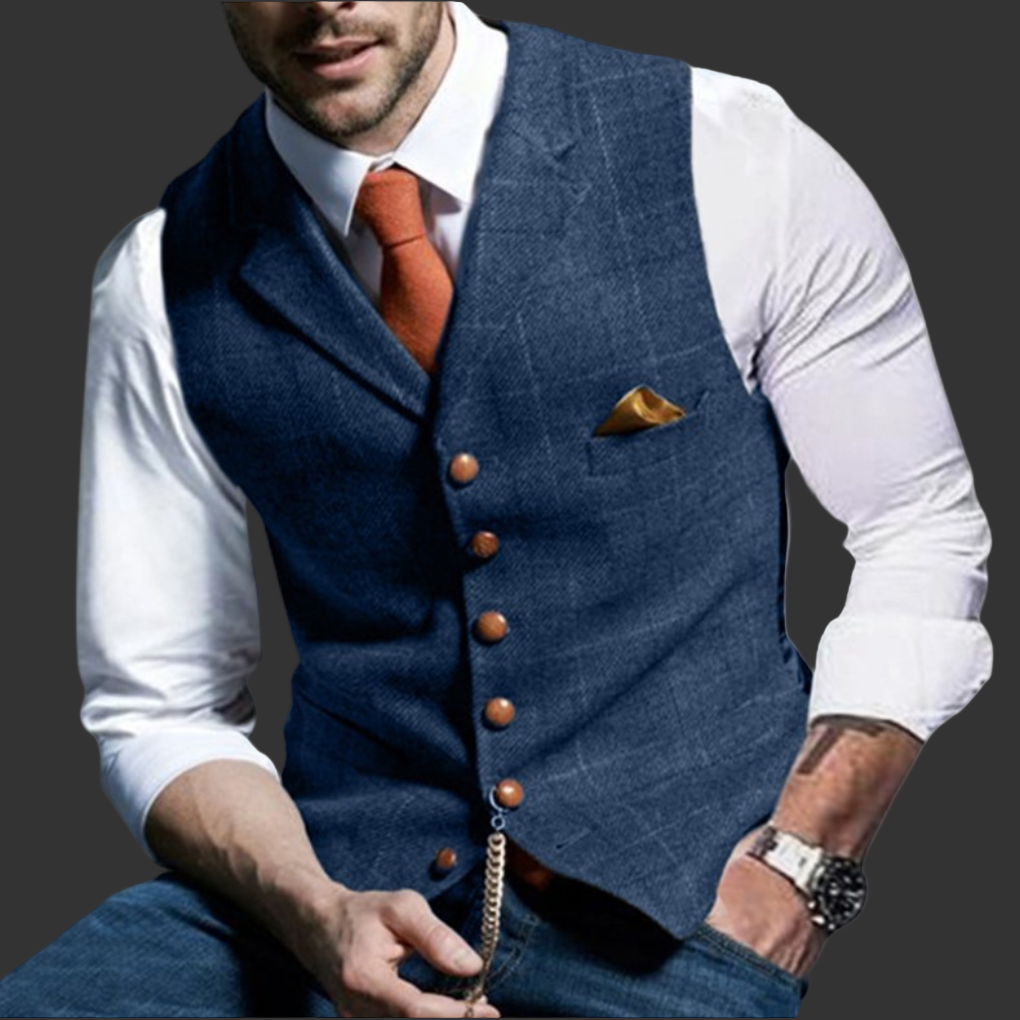 Tailored men's double-breasted vest with a deep V-neck, ideal for formalwear and classic style events.