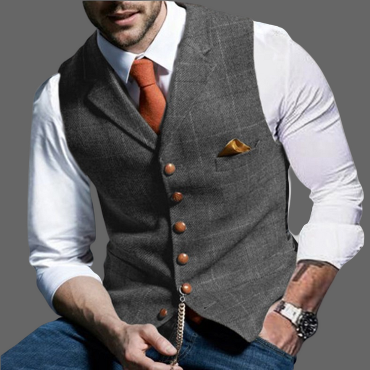 New men's formalwear: a double-breasted V-neck vest, an essential accessory for a sharp, tailored look.