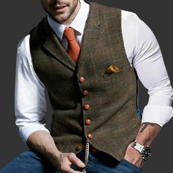 V-neck men's double-breasted vest in a refined fabric, perfect for formal occasions and classic fashion.