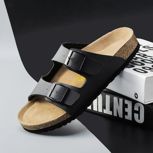 Comfortable men's casual sandals with adjustable double buckles & ergonomic cork footbed for everyday summer style.