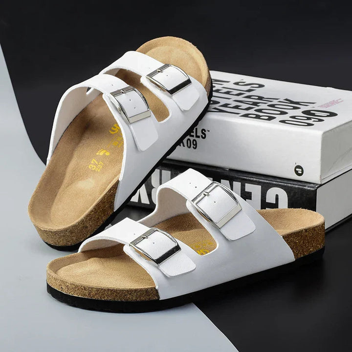 Stylish men's double buckle cork footbed sandals, perfect for beach, vacation, and outdoor summer adventures.