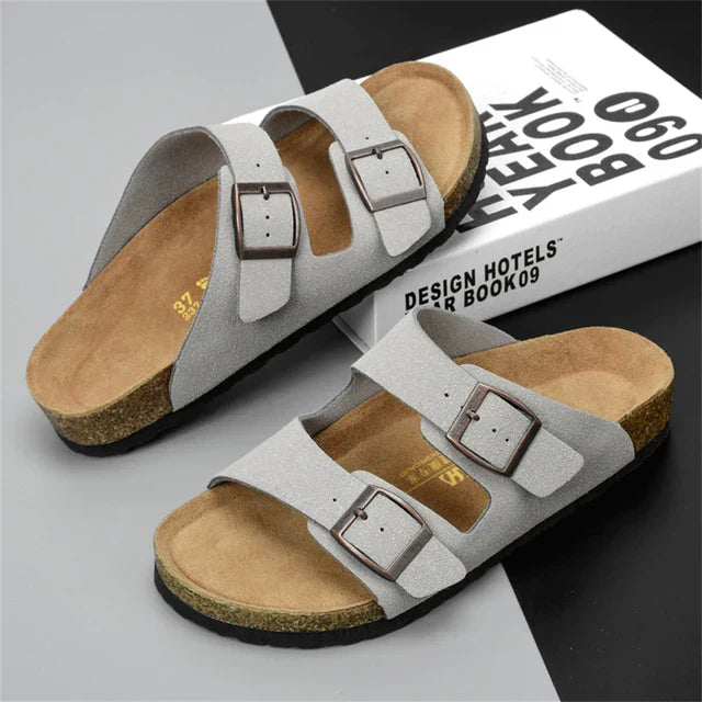 Versatile men's double buckle sandals with cork footbed; ideal casual footwear for summer and everyday wear.