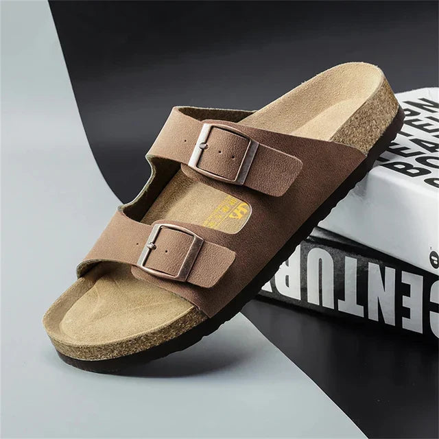 Adjustable men's double buckle cork footbed sandals, offering ultimate comfort and casual style for summer.