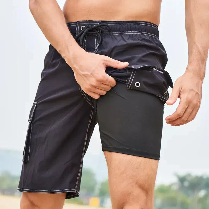 Men's dual layer quick dry athletic training shorts, ideal for running, gym workouts & high performance.