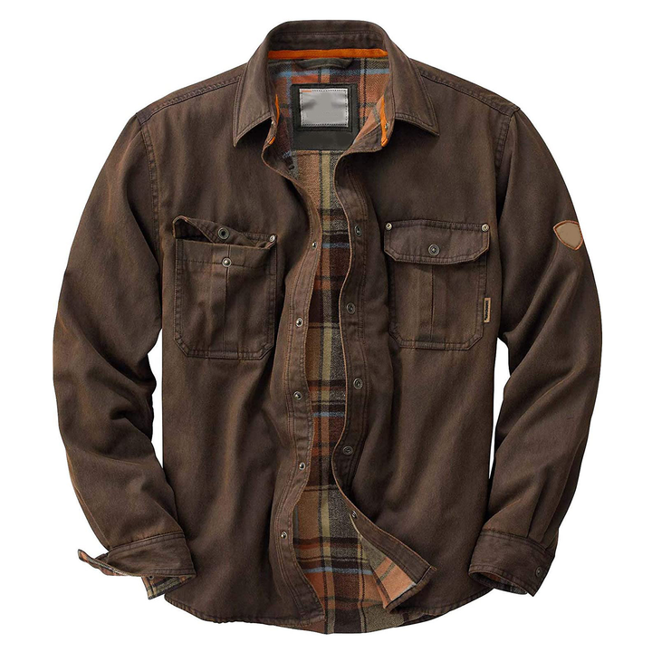 Rugged men's coffee waxed trucker jacket, an all-season durable outerwear piece for lasting style.