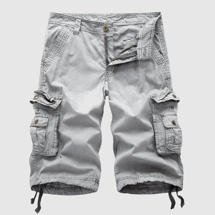 Men's durable outdoor cargo shorts, knee-length, explorer style for active summer days.