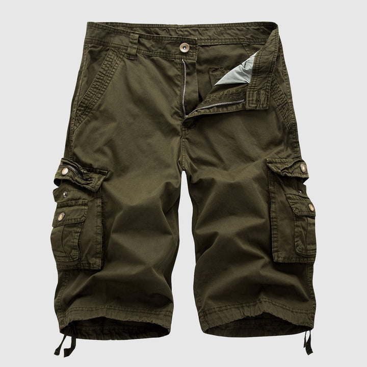 Explorer style men's cargo shorts, knee-length, durable and practical for summer.