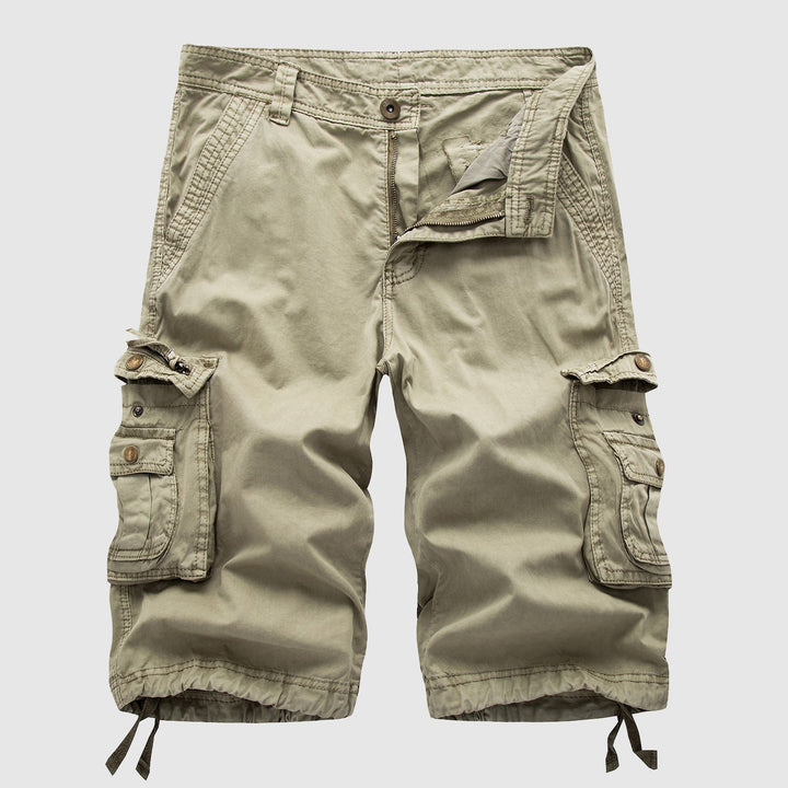 Comfortable men's casual cargo shorts, knee-length design with utility pockets.