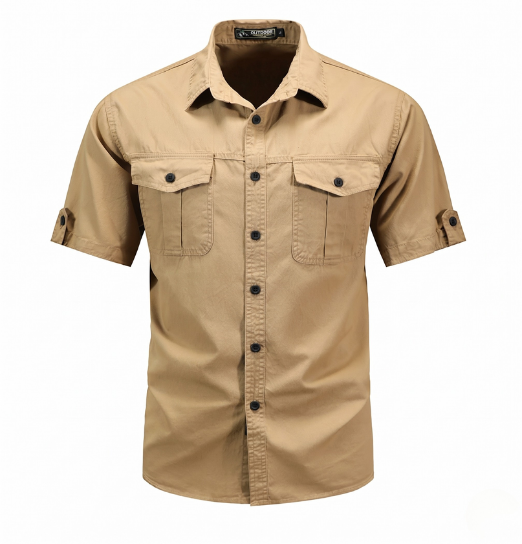 Men's durable khaki cargo shirt with multi-pockets, ideal for outdoor adventures & hiking. Versatile tactical utility wear.