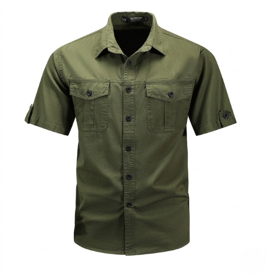 Comfortable men's army green cargo button-down shirt with multiple utility pockets for casual wear & outdoor adventures.