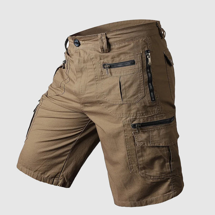 Men's durable knee-length cargo shorts, multi-pocket design for outdoor utility.