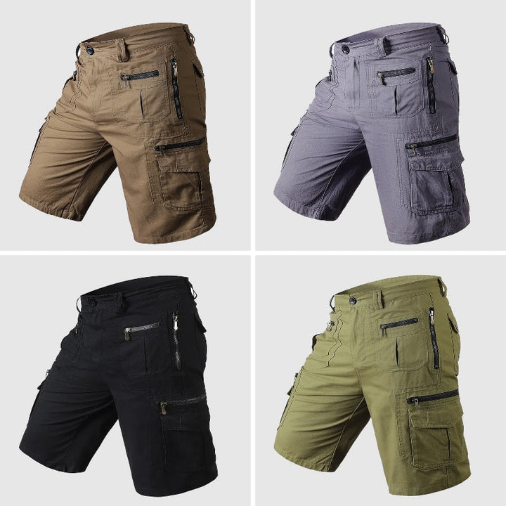 Men's knee-length cargo shorts, durable fabric, perfect for outdoor utility & adventure.