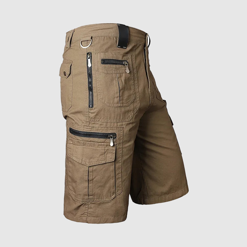 Durable men's cargo shorts, knee-length fit with many pockets for utility.
