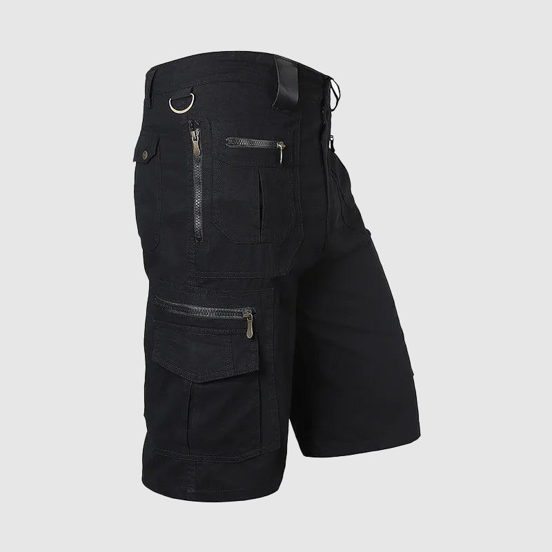 Men's adventure cargo shorts, knee-length & durable with convenient utility pockets.
