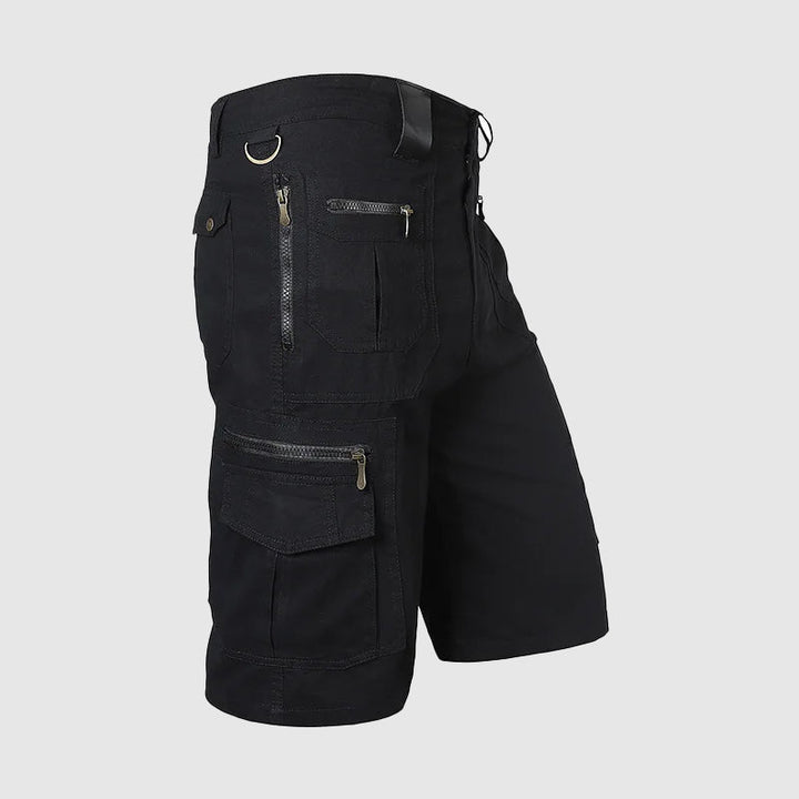 Men's adventure cargo shorts, knee-length & durable with convenient utility pockets.