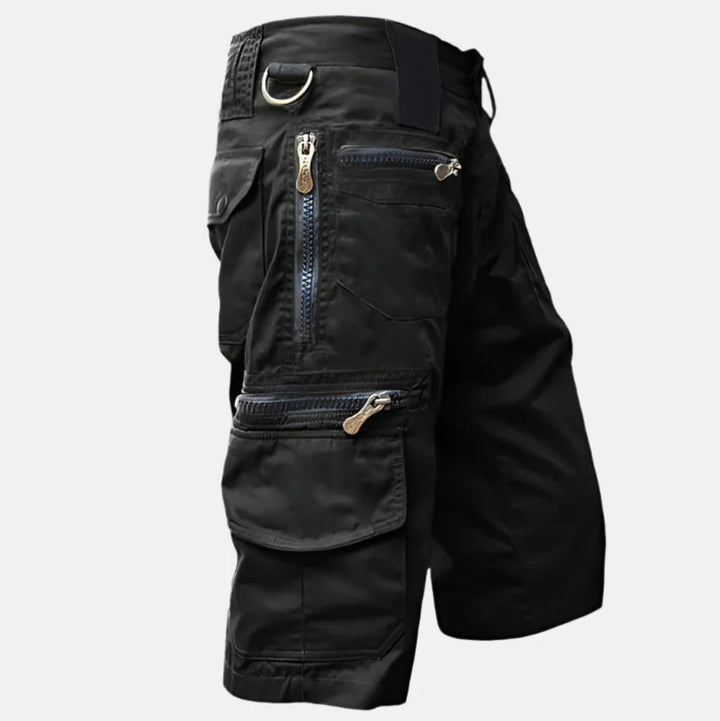 Men's durable multi-pocket cargo shorts in a neutral color, ideal for casual outdoor wear or travel.