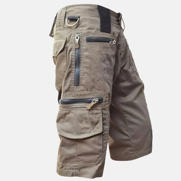 Front view of new men's knee-length cotton blend utility shorts with multiple pockets, perfect for summer.