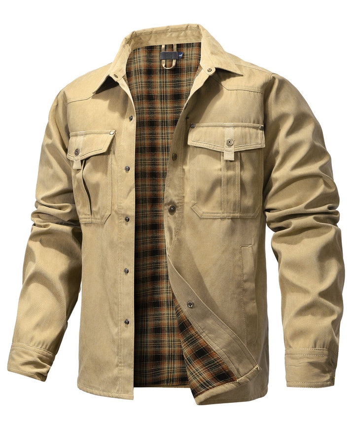 Back view of a men's warm outdoor jacket, showcasing its robust construction.