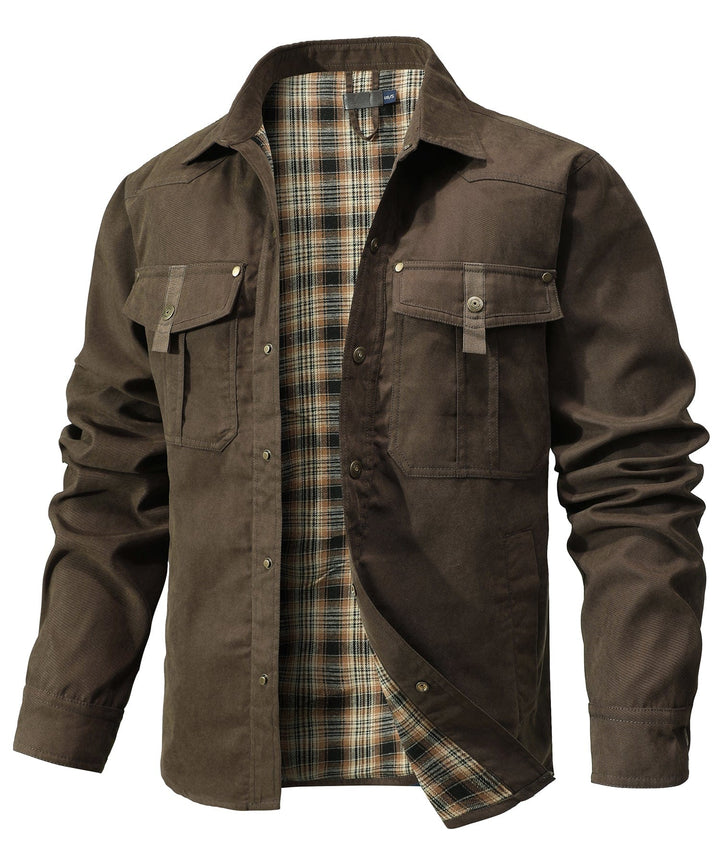 Men's durable outdoor jacket, insulated flannel lining visible, for ultimate warmth.
