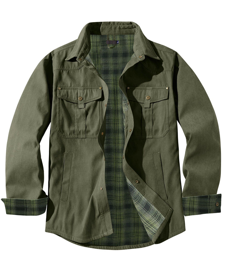 Side profile of a men's rugged insulated jacket, showcasing its comfortable fit.