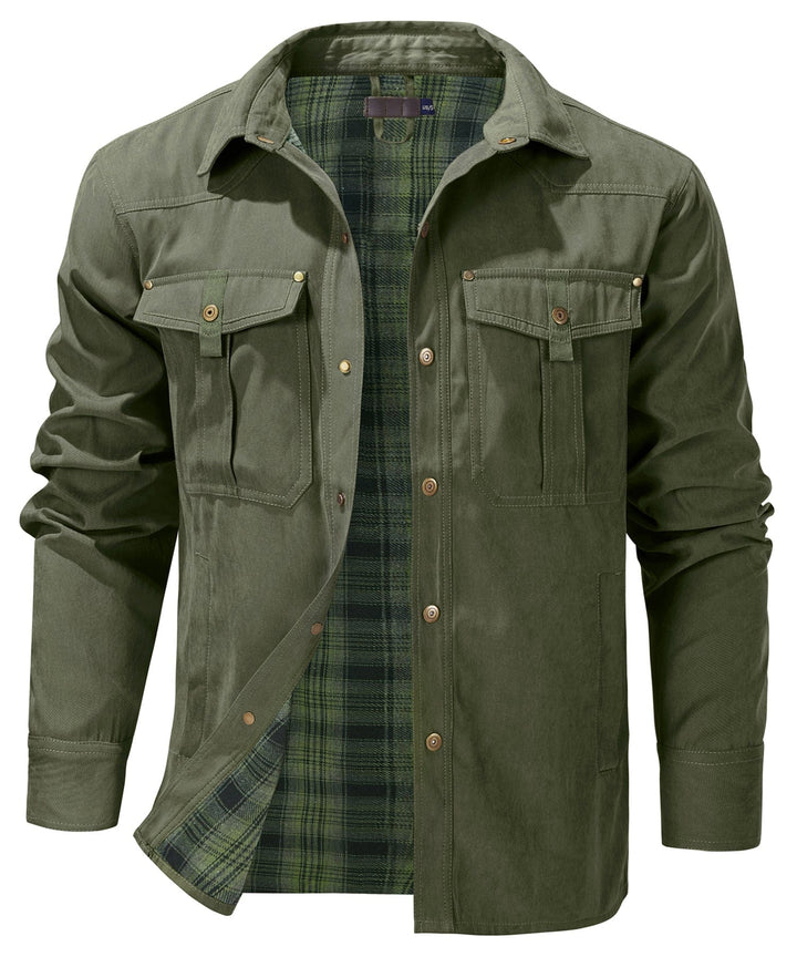 Close-up of the durable fabric on men's outdoor jacket, showing quality stitching.