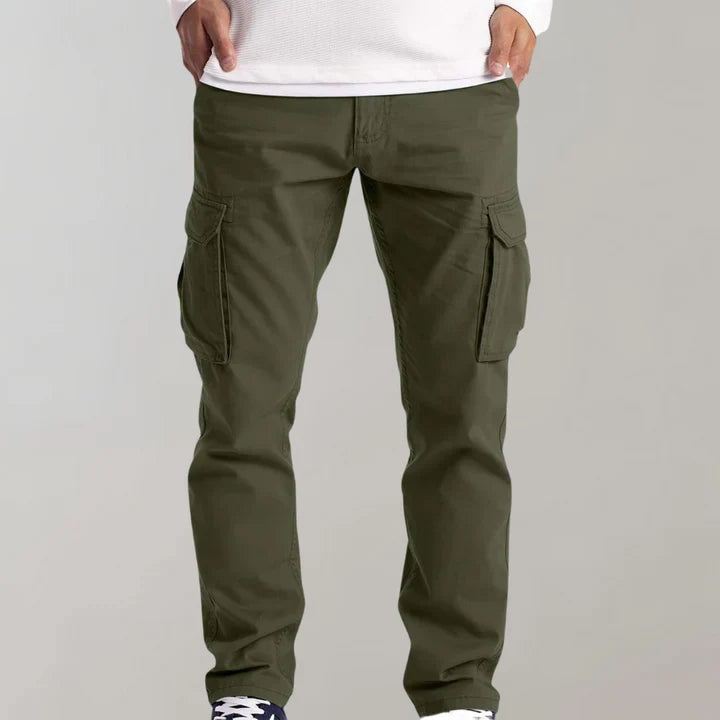 Men's durable tactical cargo pants, olive green, multiple pockets, standing pose