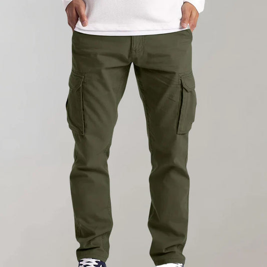 Men's durable tactical cargo pants, olive green, multiple pockets, standing pose