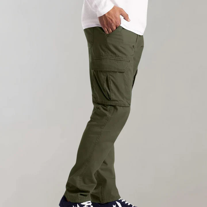 Close-up of men's utility cargo pants fabric, showing reinforced stitching and pocket detail