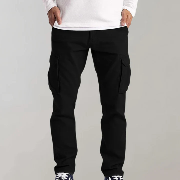 Men's black tactical cargo pants with side pockets, suitable for outdoor wear