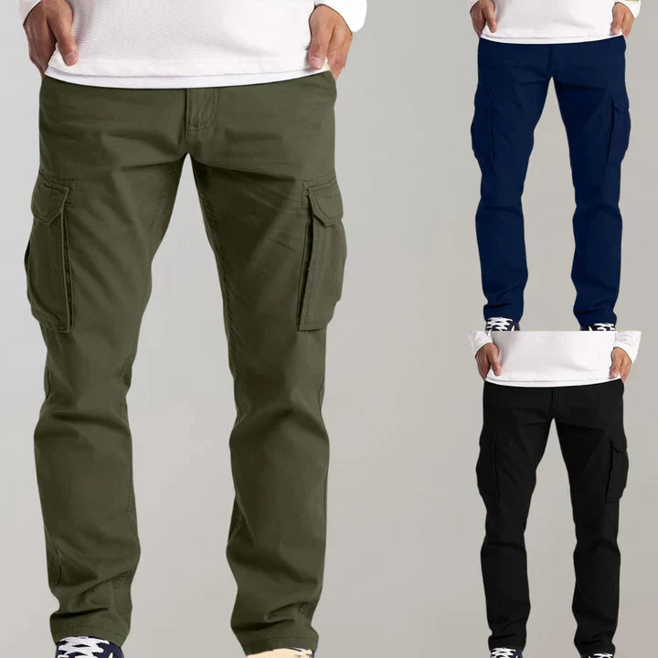 Full shot of men's casual cotton blend cargo pants, khaki color, active pose