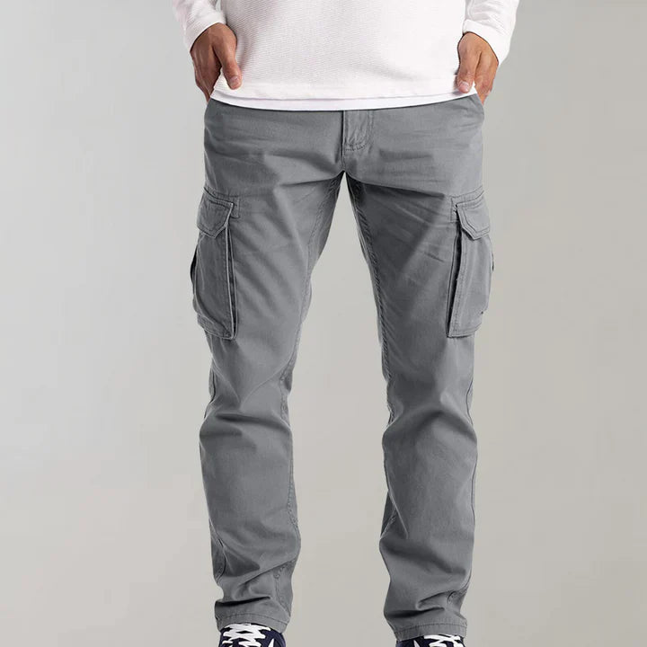 Men's multi-pocket cargo pants in grey, designed for durability and comfort