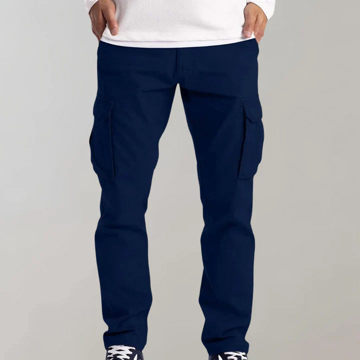 Side view of men's tactical pants, showcasing large cargo pockets and sturdy construction