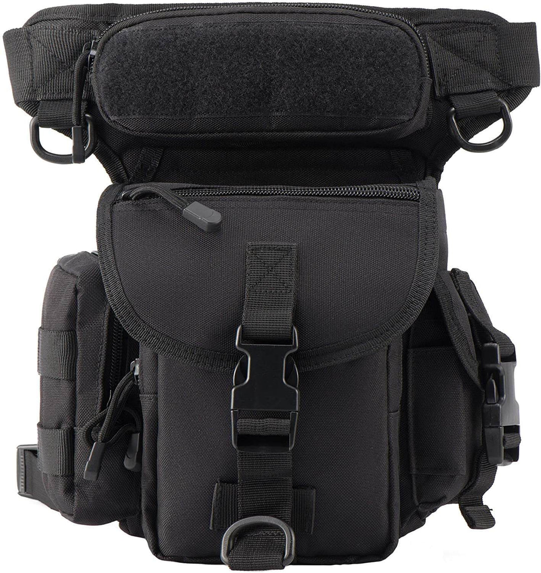 Black multi-pocket tactical drop leg bag for men, water-resistant, ideal for outdoor & motorcycle travel.
