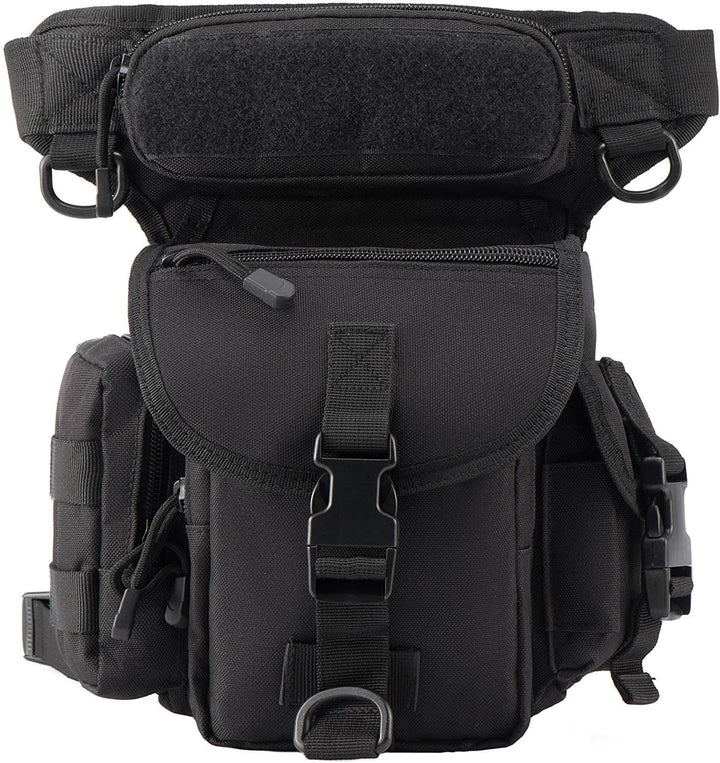 Black multi-pocket tactical drop leg bag for men, water-resistant, ideal for outdoor & motorcycle travel.