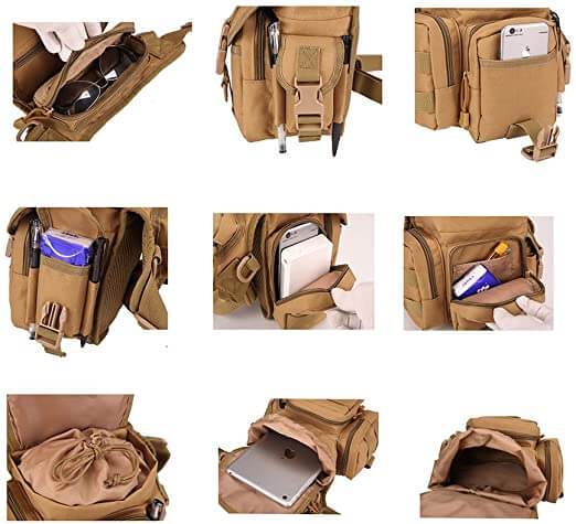 Compact men's tactical drop leg bag, water-resistant, multi-pocket design for essential outdoor storage.