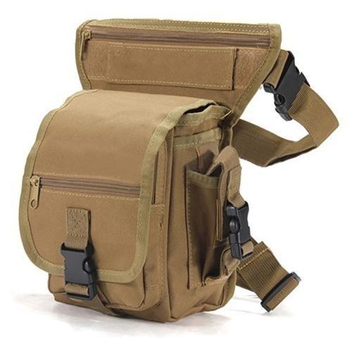 Water-resistant men's tactical drop leg bag, highly durable for outdoor adventures and utility carry.