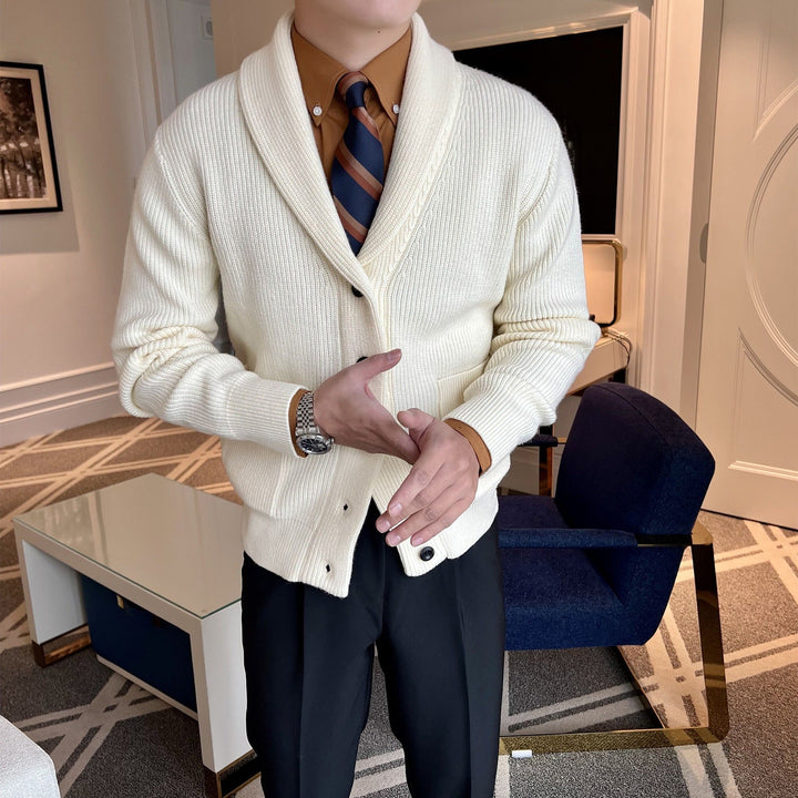 Men's effortlessly stylish button-front jacket with a sophisticated shawl collar. Perfect casual layering piece for fall.