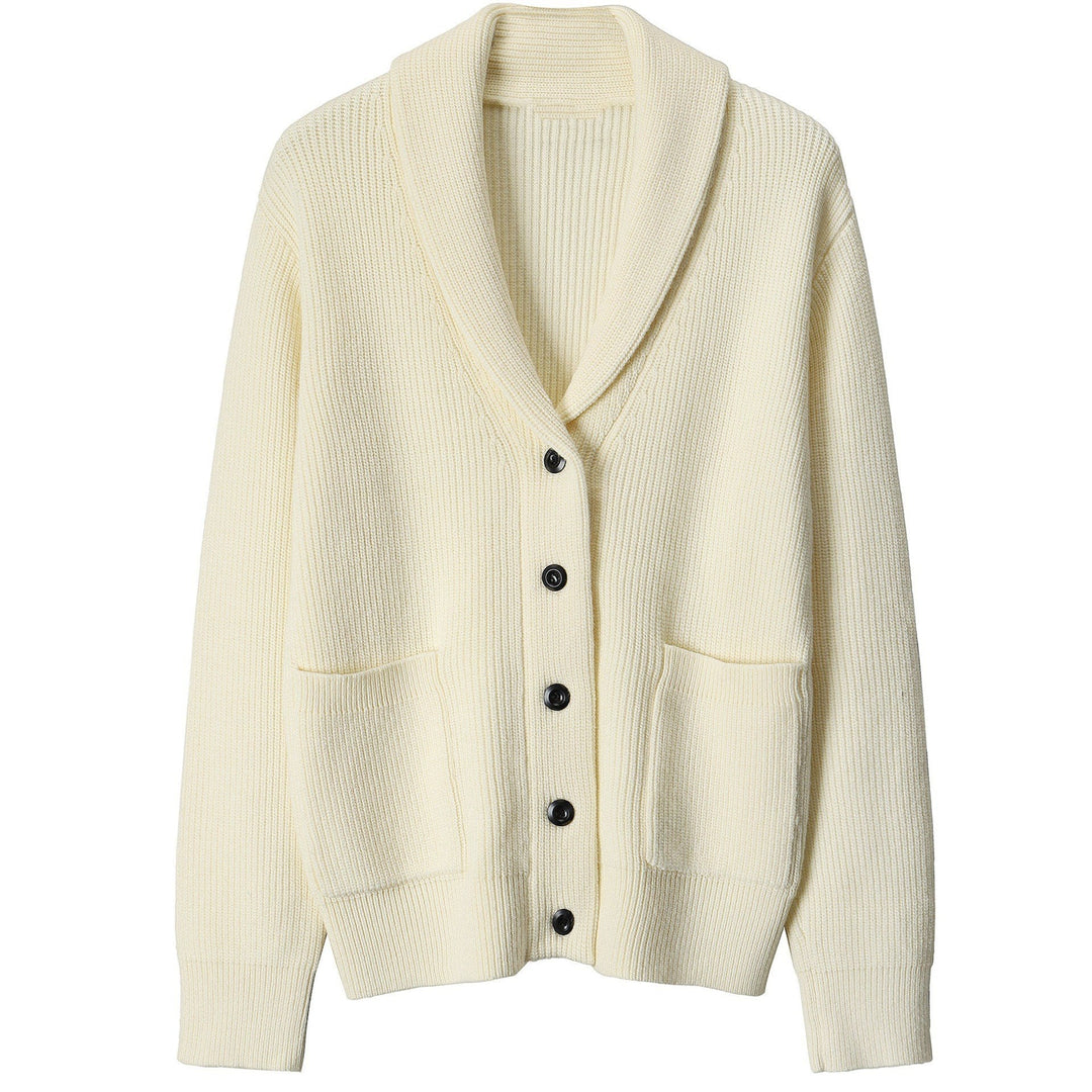 Comfortable men's casual cardigan jacket, ideal for layering. Features a button-front closure and a classic shawl collar.